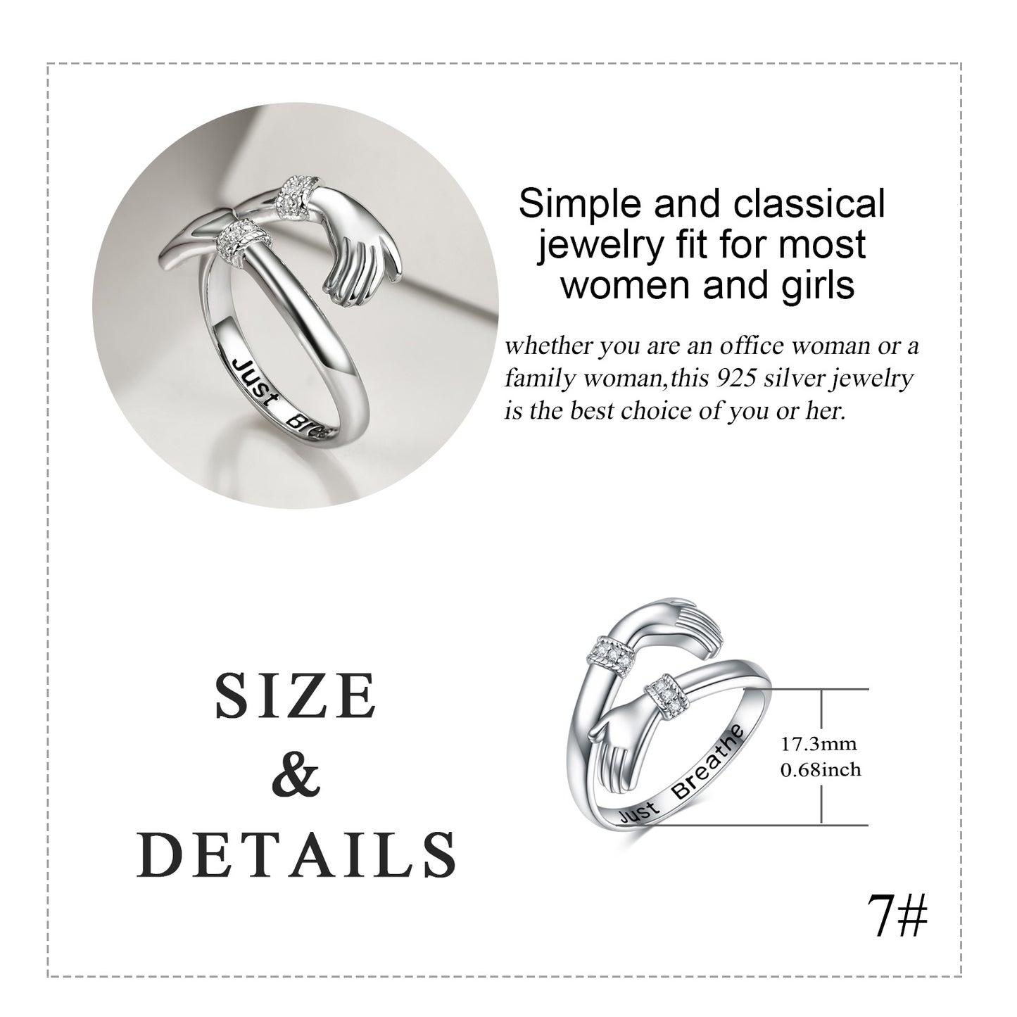 Just Breathe Hug Rings For Women Sterling Silver Adjustable Hand Ring Jewelry Gift For Women Girls