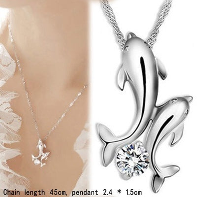 Silver Plated Double Dolphin Rhinestone Necklace