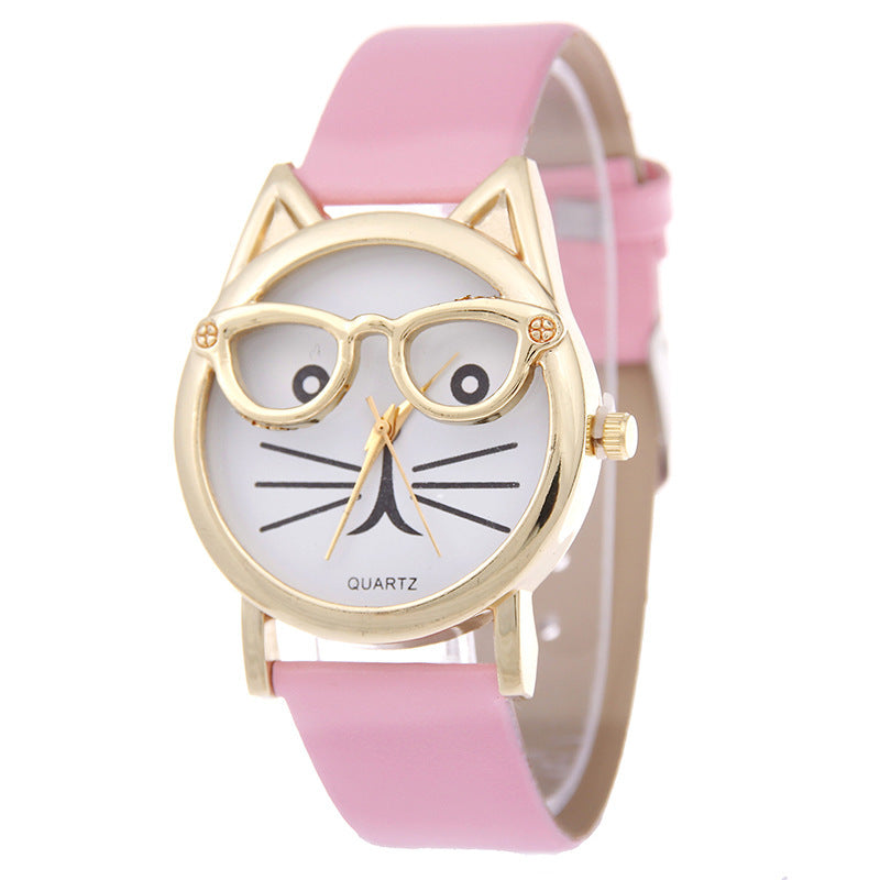 Cartoon Watch With Glasses Cat Student Belt Watch Women's Quartz Watch Gift Watch