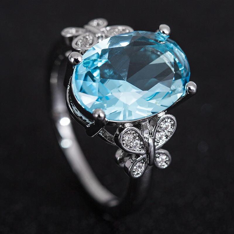 Oversized Sea Blue Zircon Ladies Ring Simple Bow Ring Ring