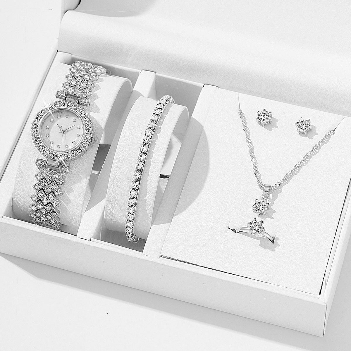 5pcsset Diamond Bracelet Necklace Stud Ring Watch Jewelry Set