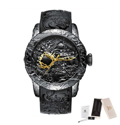 Black Men Watches Fashion 3D Engraved Dragon Relogio Masculino Luxury Top Brand Quartz Watch Waterproof Sport Male Clock