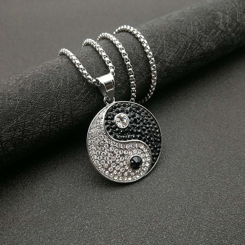 Titanium Steel Black And White Gold-plated Rhinestone Taiji Yin And Yang Pendant Necklace