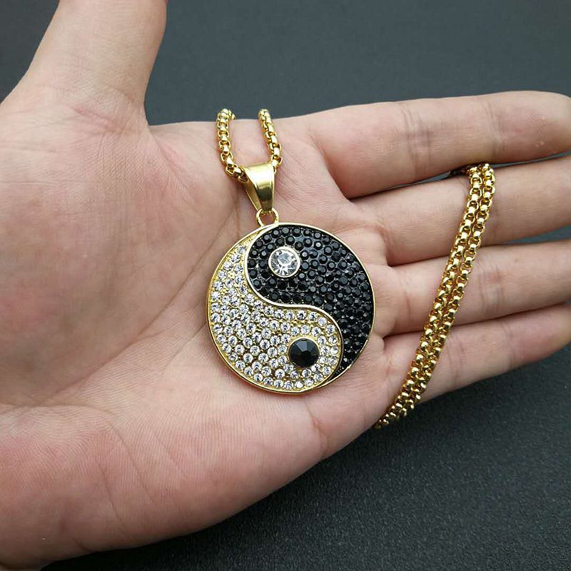 Titanium Steel Black And White Gold-plated Rhinestone Taiji Yin And Yang Pendant Necklace