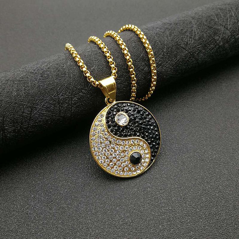 Titanium Steel Black And White Gold-plated Rhinestone Taiji Yin And Yang Pendant Necklace