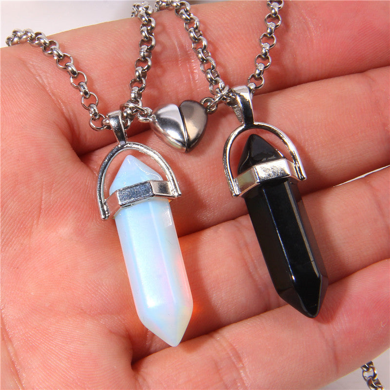 Fashion Jewelry Love Magnetic Buckle Natural Hexagon Pillar Rough Stone Pendant Necklace Women