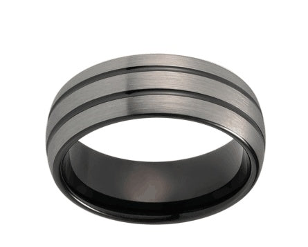 Modern 8mm Black Tungsten Wedding Band with Double Lines