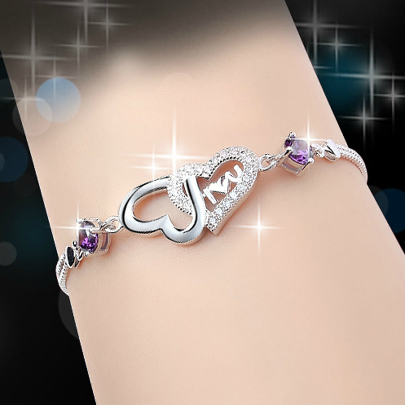 925 Sterling Silver Diamante Bracelet Double Heart