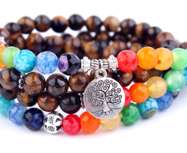 Natural Stone Rosary Bracelet Alloy 3D Lotus Life Tree Anklet Yoga Mala Necklace