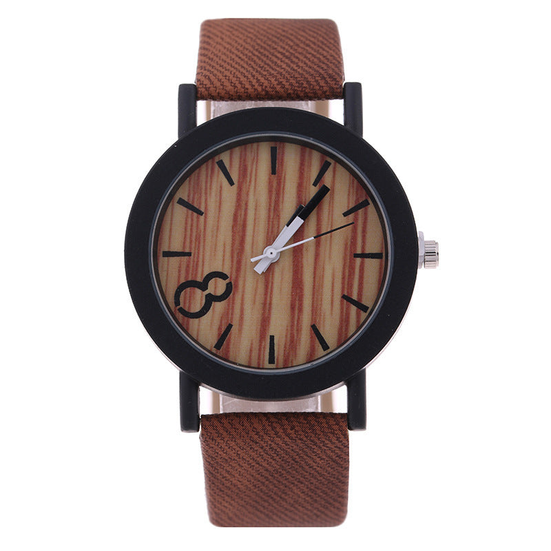 8 word denim belt watch wood grain surface watch quartz watch