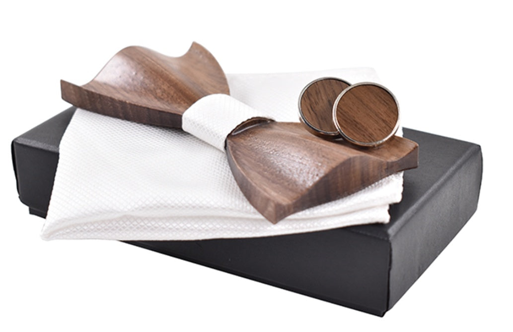 3D Wood Bow Tie Cufflinks Set