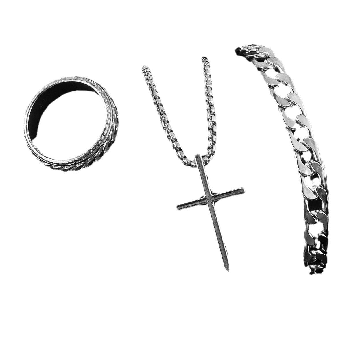 Men's Cross Necklace, Ring & Bracelet Suit