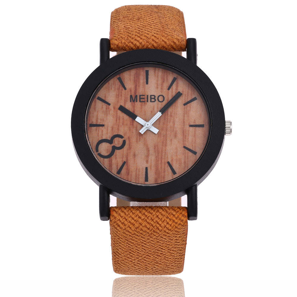 8 word denim belt watch wood grain surface watch quartz watch