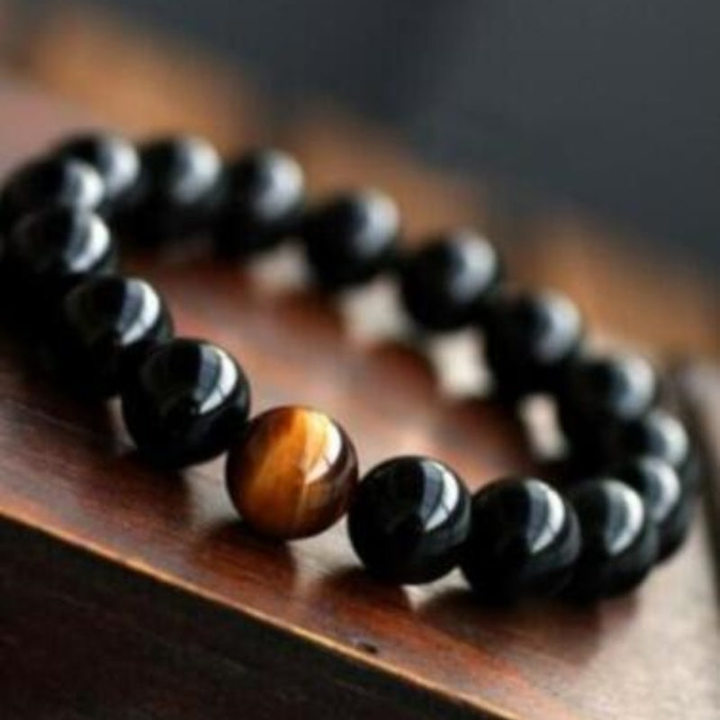 Natural Black Onyx With Stone Tiger Eyes Energy Bracelet