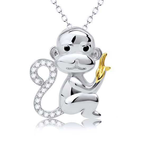 Monkey Eating Banana Pendant 925 Silver Necklace