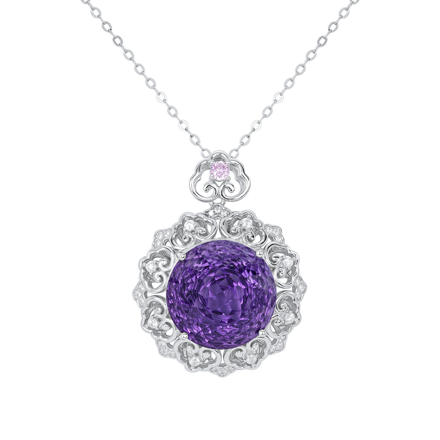 Luxurious S925 Silver Set Natural Amethyst Pendant Female Vintage Pattern Senior Jewelry Quality Sweater Chain