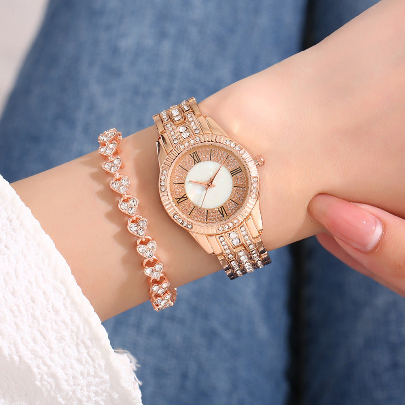 Diamond-embedded Luxury Starry Sky Shell Surface Women's Fashion All-match Elegant Bracelet Set Quartz Watch