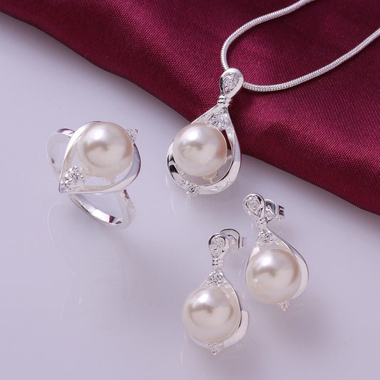 Fashion Lady Water Drop Silver Pearl Jewelry Set