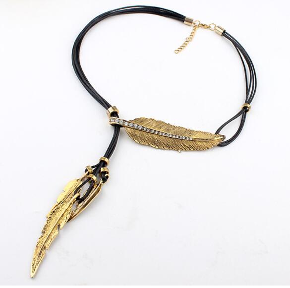 3 Colors Black Rope Multilayer Feather Leaf Tassels Pendant Necklace