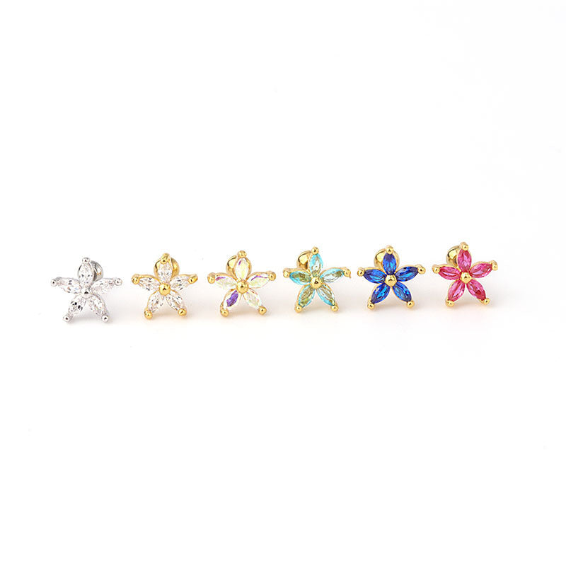 Colorful Zircon Daisy Flower Ear Bone Nail Stainless Steel Thin Rod Puncture Screw Ball