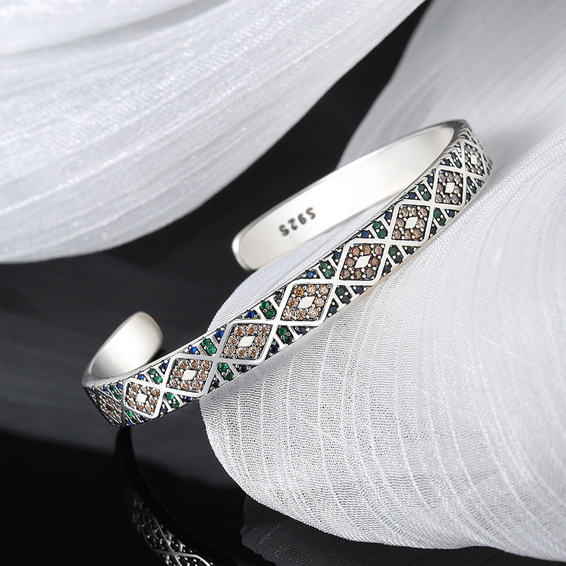 S925 Sterling Silver Geometric Colorful Tribal Elements Diamond Exotic Style Retro Heavy Industry Bracelet Bracelet