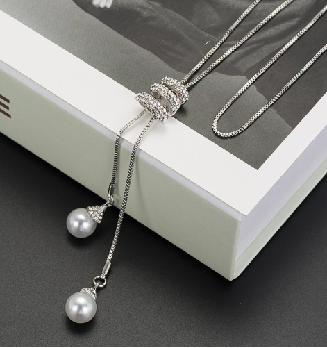 Korea long simple pearl pendant long necklace pendant wild diamond tassel sweater chain female 9302