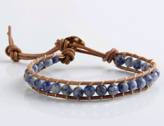 Popular white point blue natural stone leather woven 6mm single ring bracelet full handmade bead bracelet