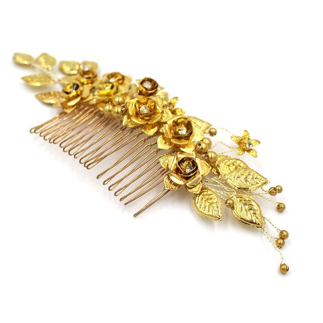 Brass Leaves And Flowers Handmade Pearl Crystal Bridal Hair Comb