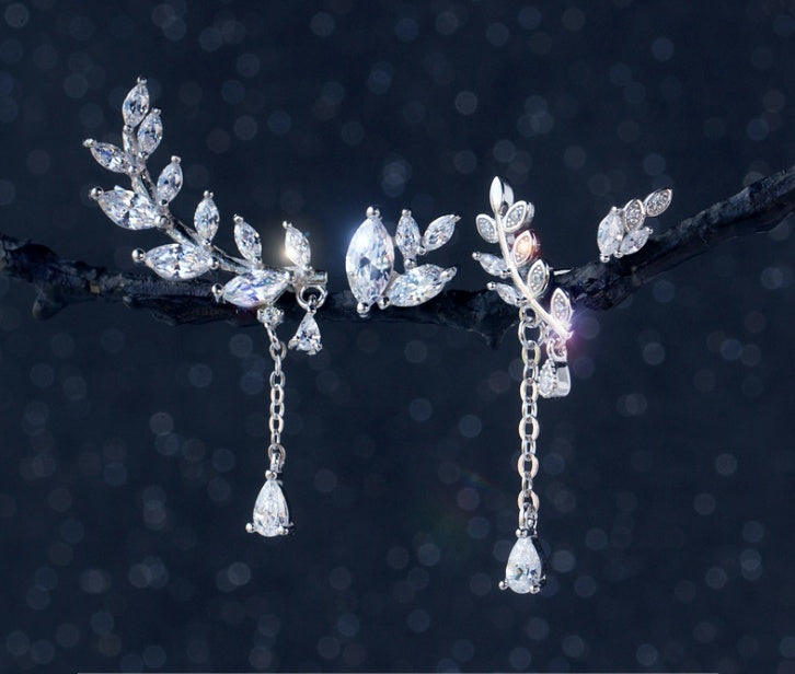 925 Silver Asymmetrical Diamond Leaf Earrings