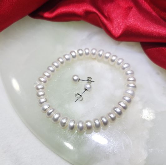 Pearl necklace bracelet earrings three piece set