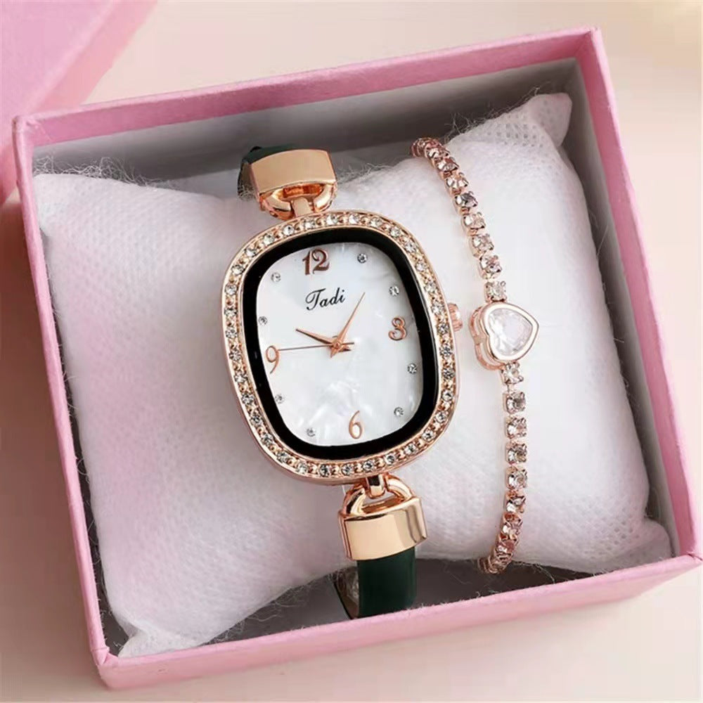 Fashion Belt Marbling Rhinestone Women's Quartz Watch Bracelet Set