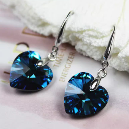 Blue Crystal Heart Dangle Earrings