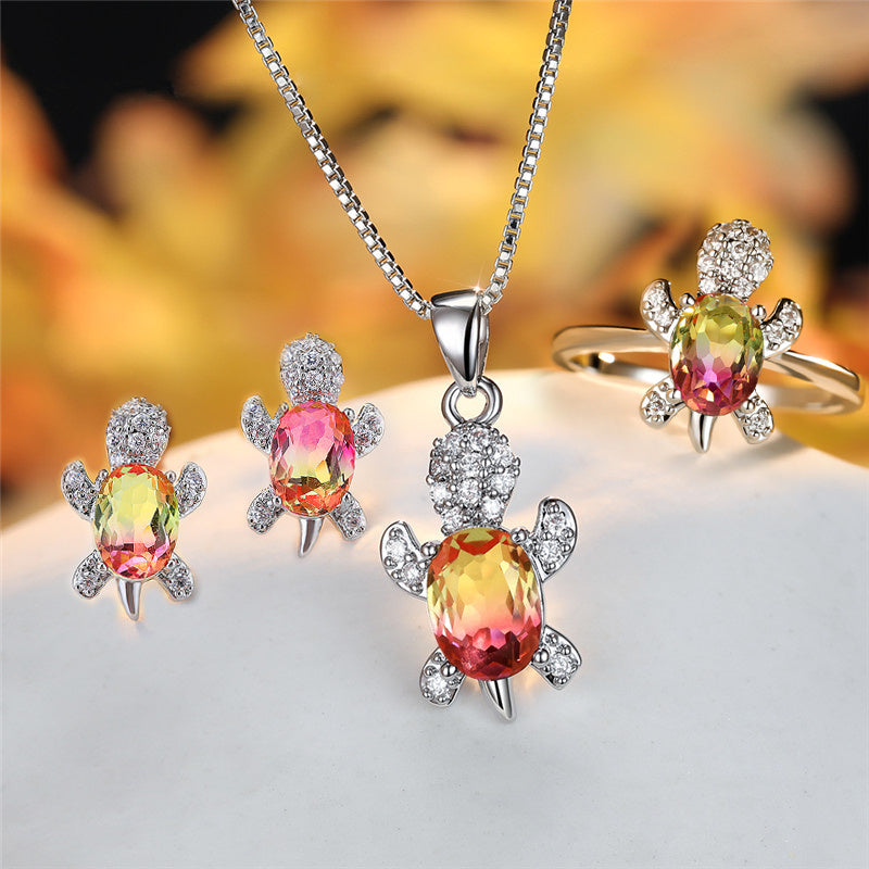 Elegant Oval Zircon Turtle Necklace with Rainbow Stone