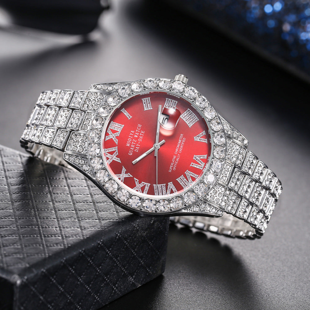 Full Diamond Face Roman Scale Steel Band Watch