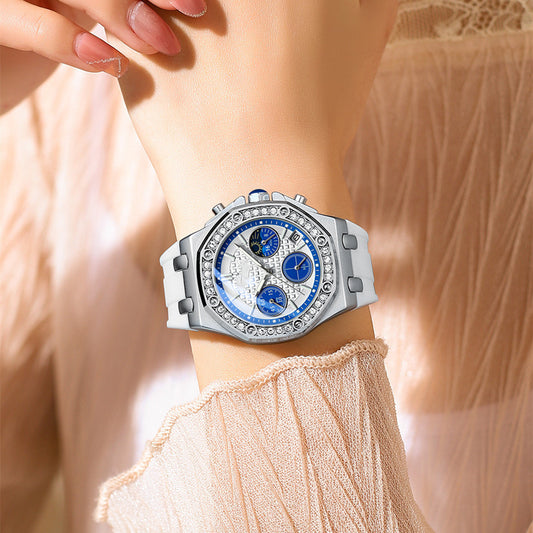 Multi-functional Women's Watch Moon Timing Three-Eye Diamond