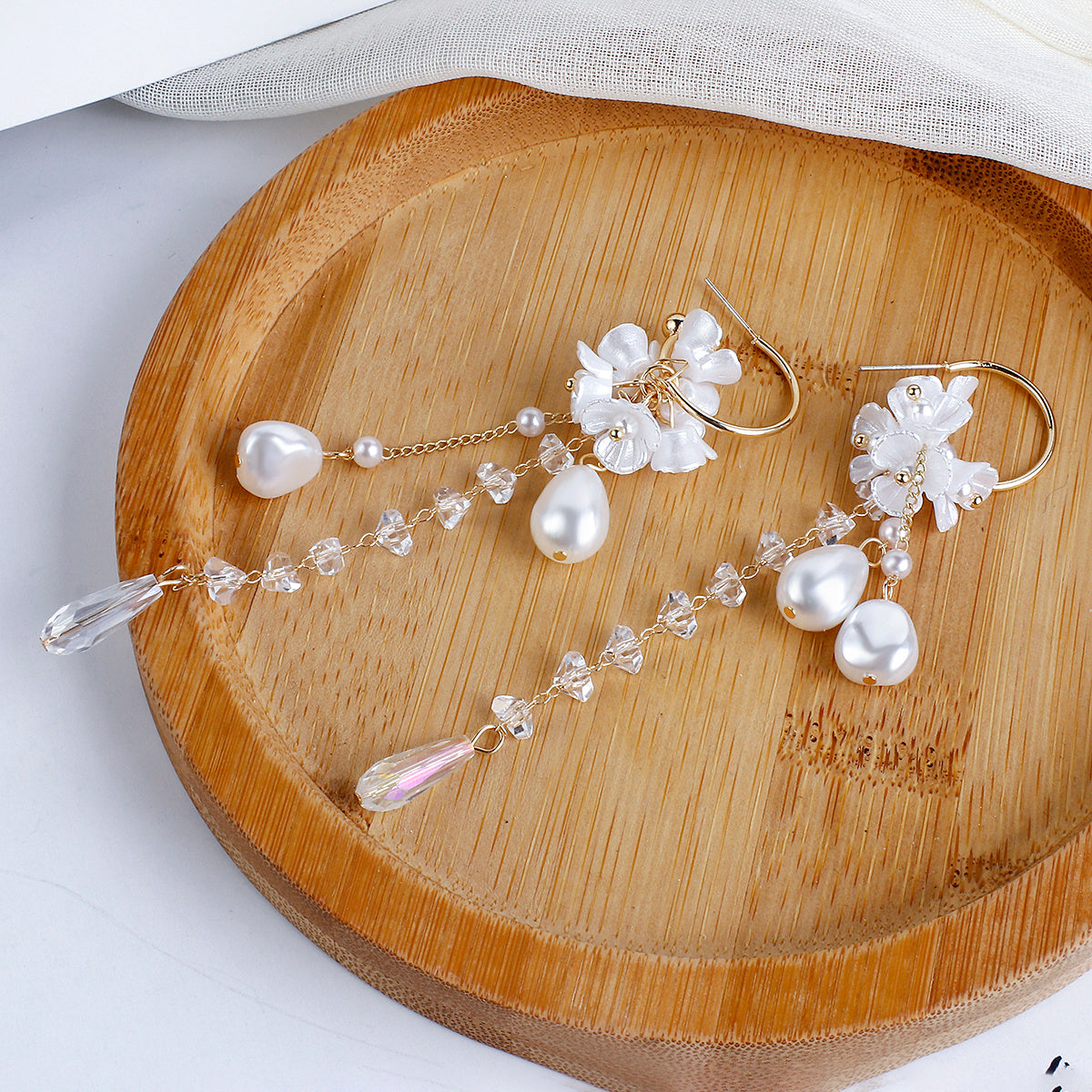 Simulated Pearl & Crystal Flower Petal Drop Earrings