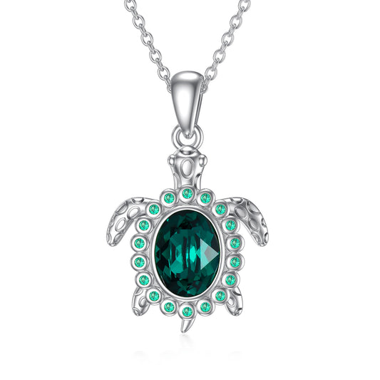 925 Sterling Silver Green Crystal Turtle Necklace for Women