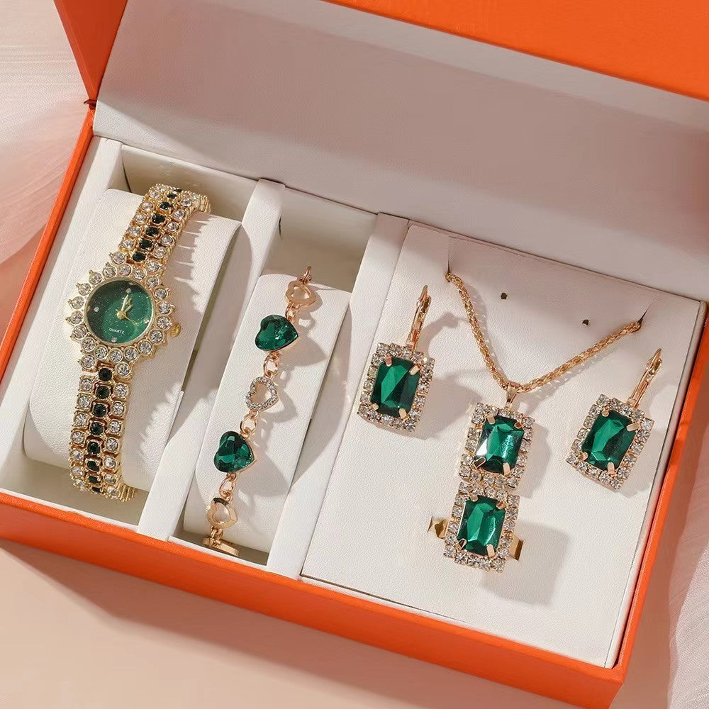 Chic Green Watch & Jewelry Five-Piece Gift Set