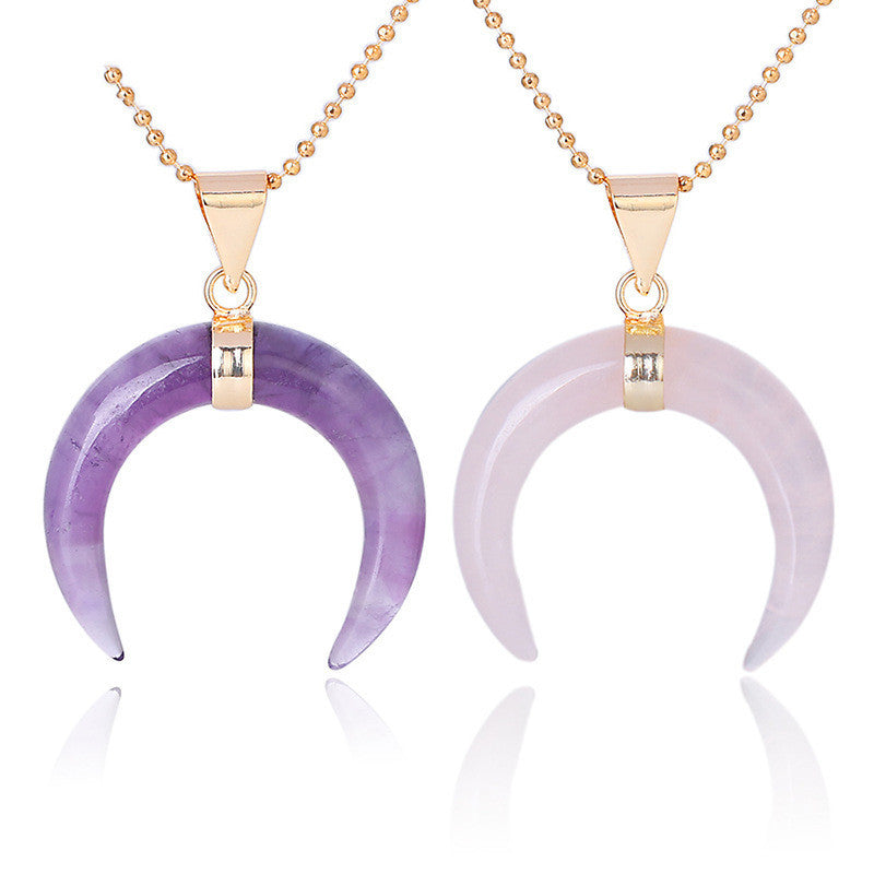 Crystal Semi-Precious Stone Moon Pendant Necklace - Natural Healing Charm