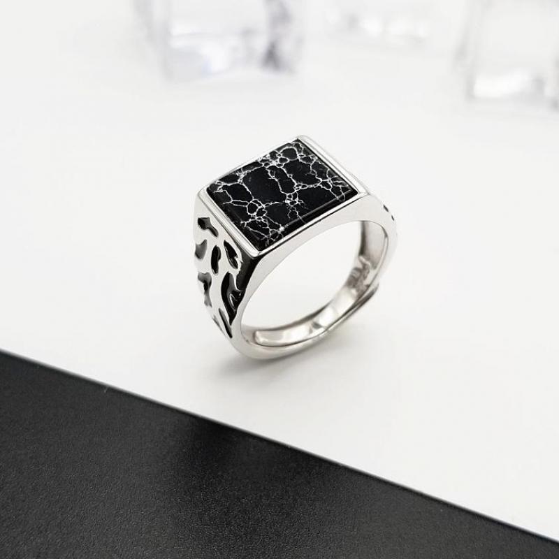 925 Sterling Silver Vintage Men's Rings Adjustable Square Black Stone Flower Pattern Design Male Turkey Jewelry