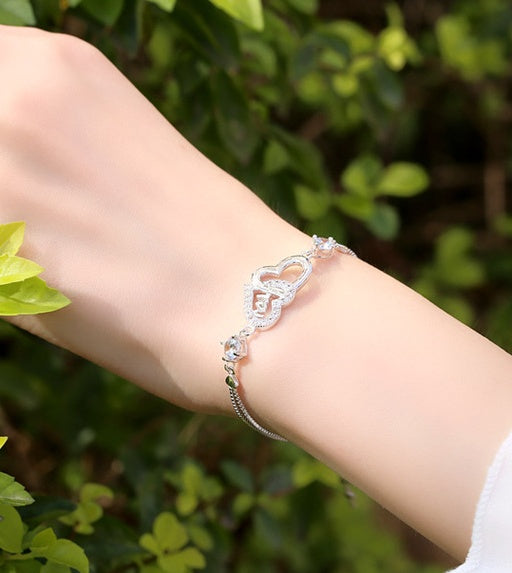 925 Sterling Silver Diamante Bracelet Double Heart