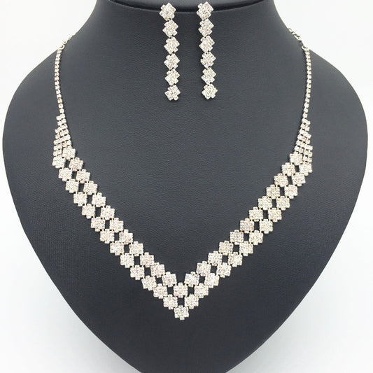 The bride necklace of exquisite luxury double Diamond Pendant Earring Set Korean wedding dress accessories female Necklace