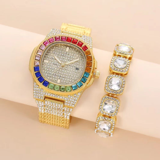Full Diamond Inlaid Color Diamond Steel Belt Square Belt Calendar Quartz Wrist Watch