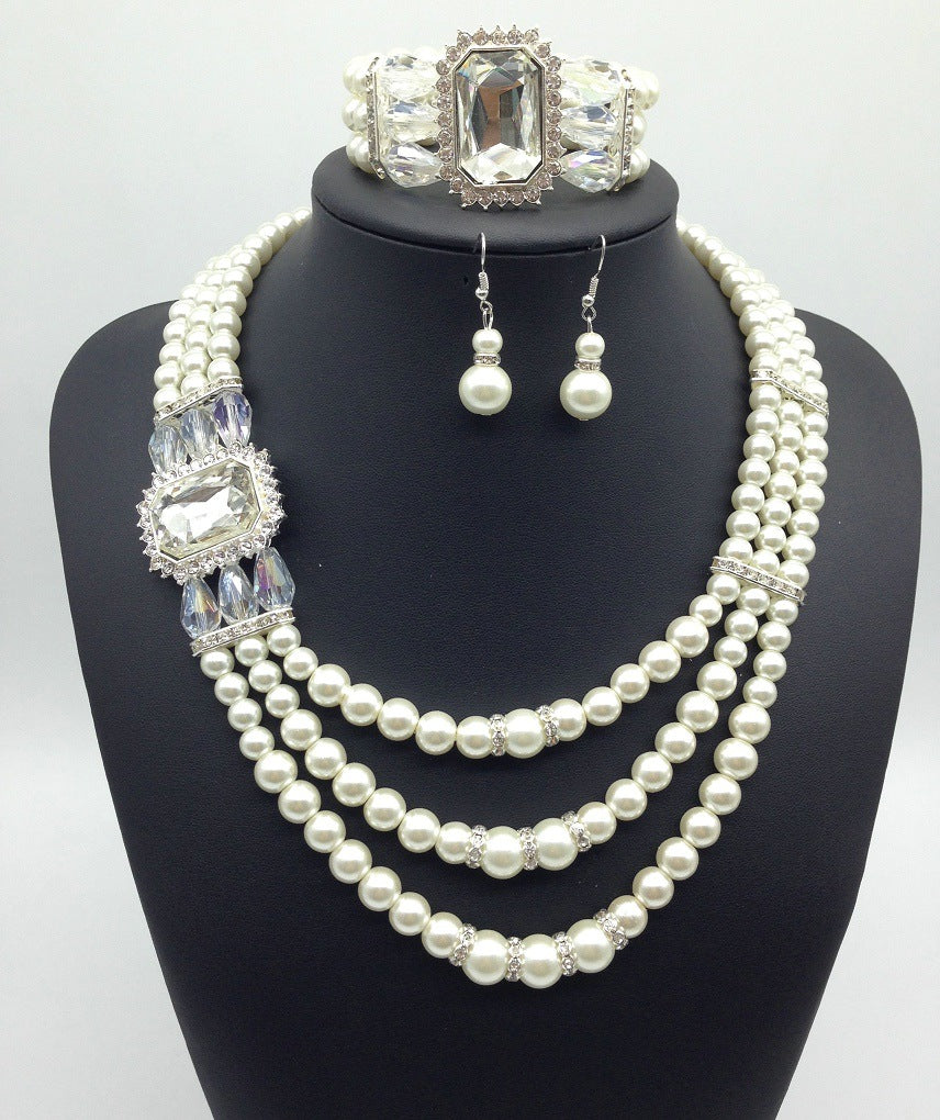 European fashion Diamond Gemstone Pearl Necklace Earrings Set multi bride chain bracelet three piece Necklace