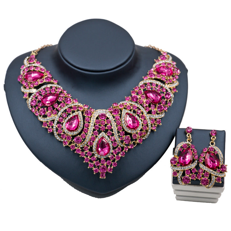 Fast selling explosion, Middle East, Europe and America, colorful exaggerated bride necklace, earring set, alloy color plating