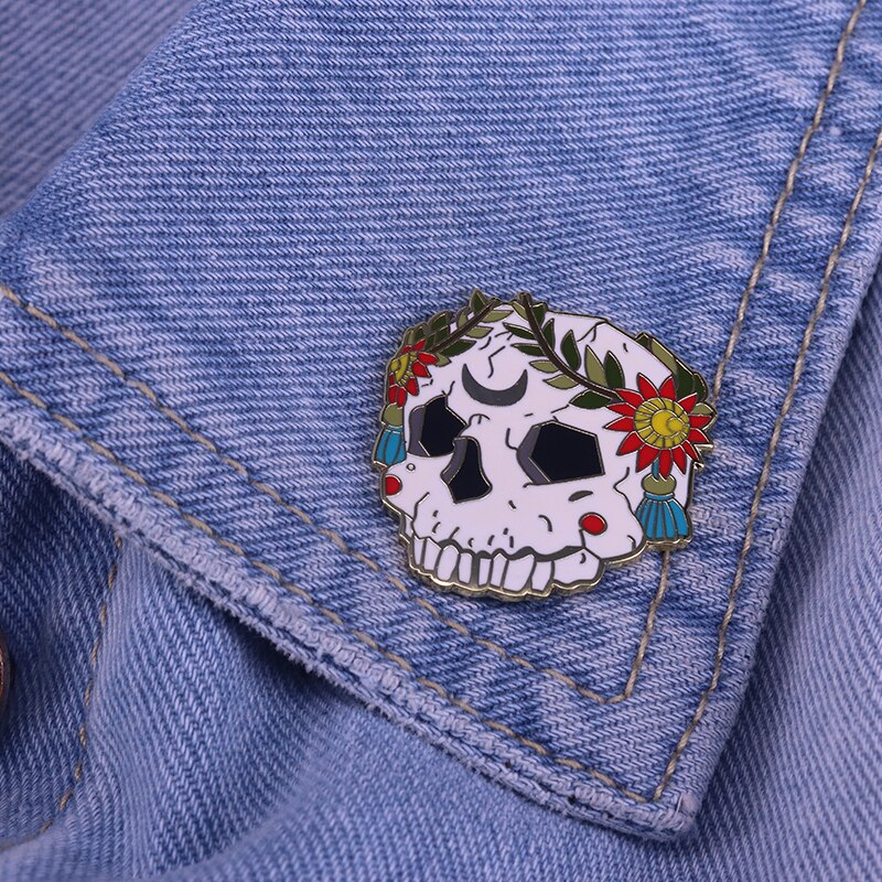 Skull Brooch Beautiful Flower Skull Badge