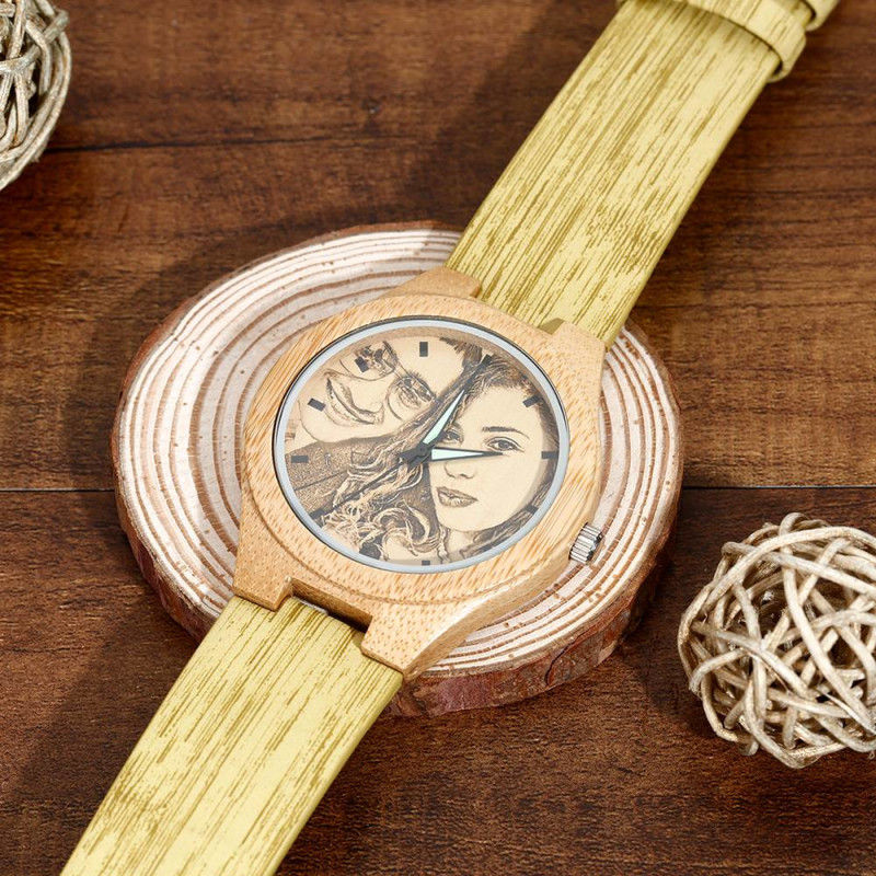 Women's Engraved Bamboo Photo Watch Wooden Leather Strap 40mm