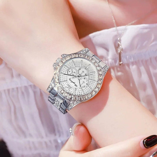 Full Diamond Fake Three-eye Steel Belt Quartz Watch