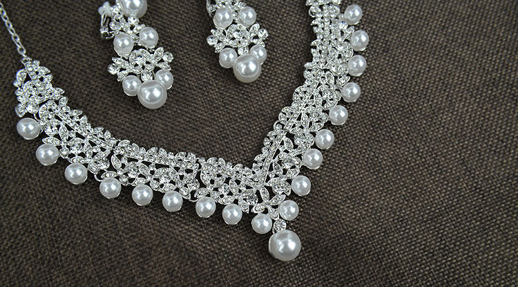 White pearl necklace diamond suit bride wedding accessories hair earrings set 0284