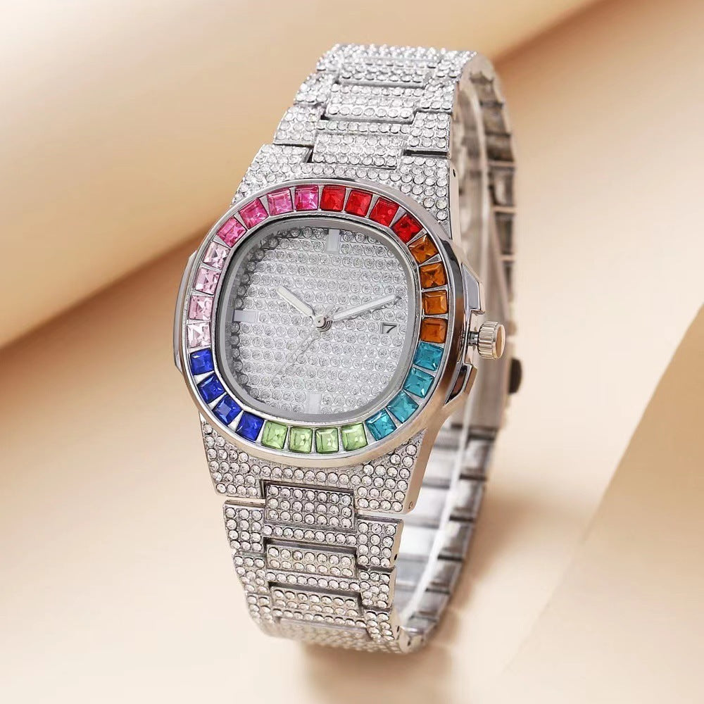 Full Diamond Inlaid Color Diamond Steel Belt Square Belt Calendar Quartz Wrist Watch